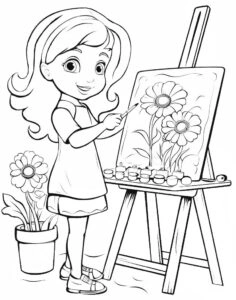 Coloring page, a girl paints a spring picture